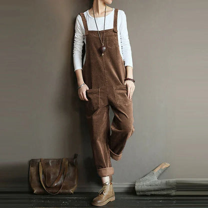 Women's Overall Pants – Relaxed Fit – Textured Ribbed Fabric – Adjustable Straps – Full Length