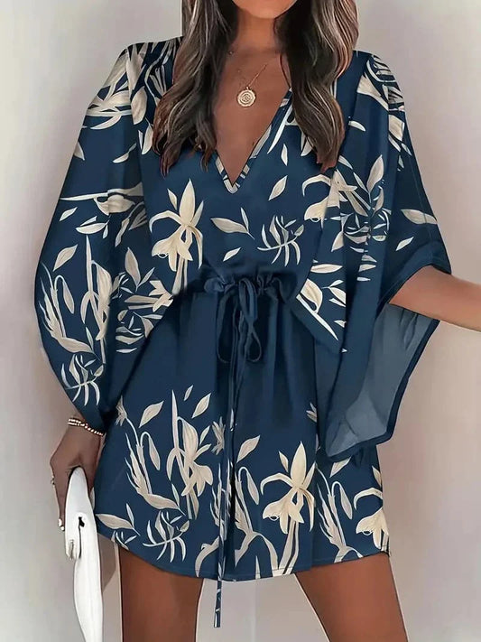Women's Mini Dress – Floral Print – Loose Fit – V-Neck – Kimono-Inspired Sleeves
