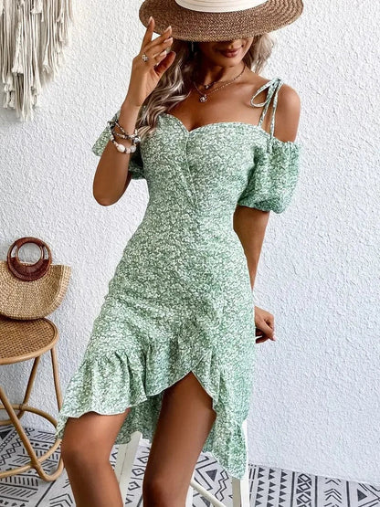 Dress for Women – Off-Shoulder – Puff Sleeve – Ruffle Details – Wrap Design