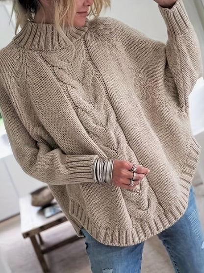Women's Knitted Sweater - Cable Knit Poncho Design - High Neck - Oversized Fit