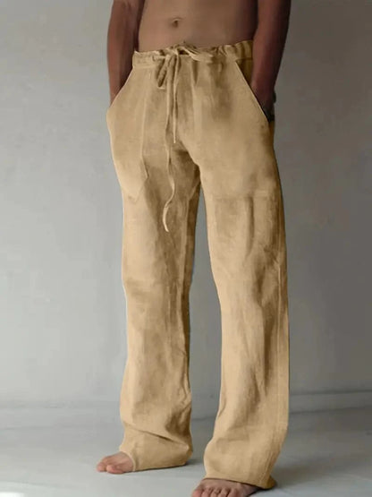 Men's Loose-Fit Pants - Cotton/Linen - Elastic Waist with Drawstring - Casual Comfort