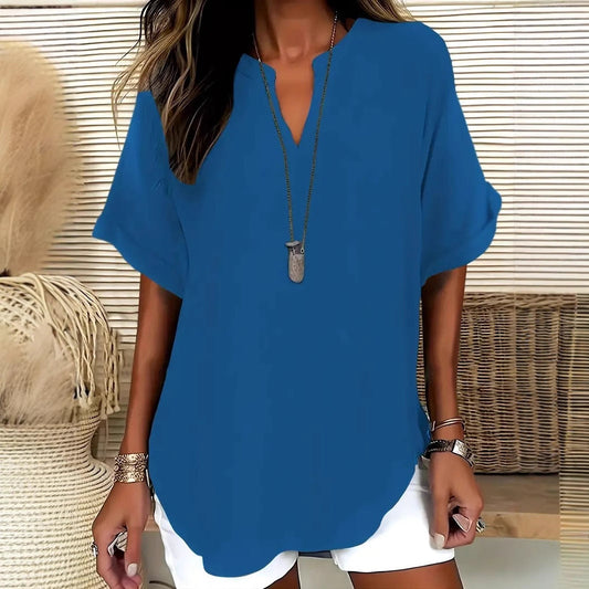 Women's Blouse – Relaxed Fit – V-Neckline – Short Sleeves – Natural Fibers