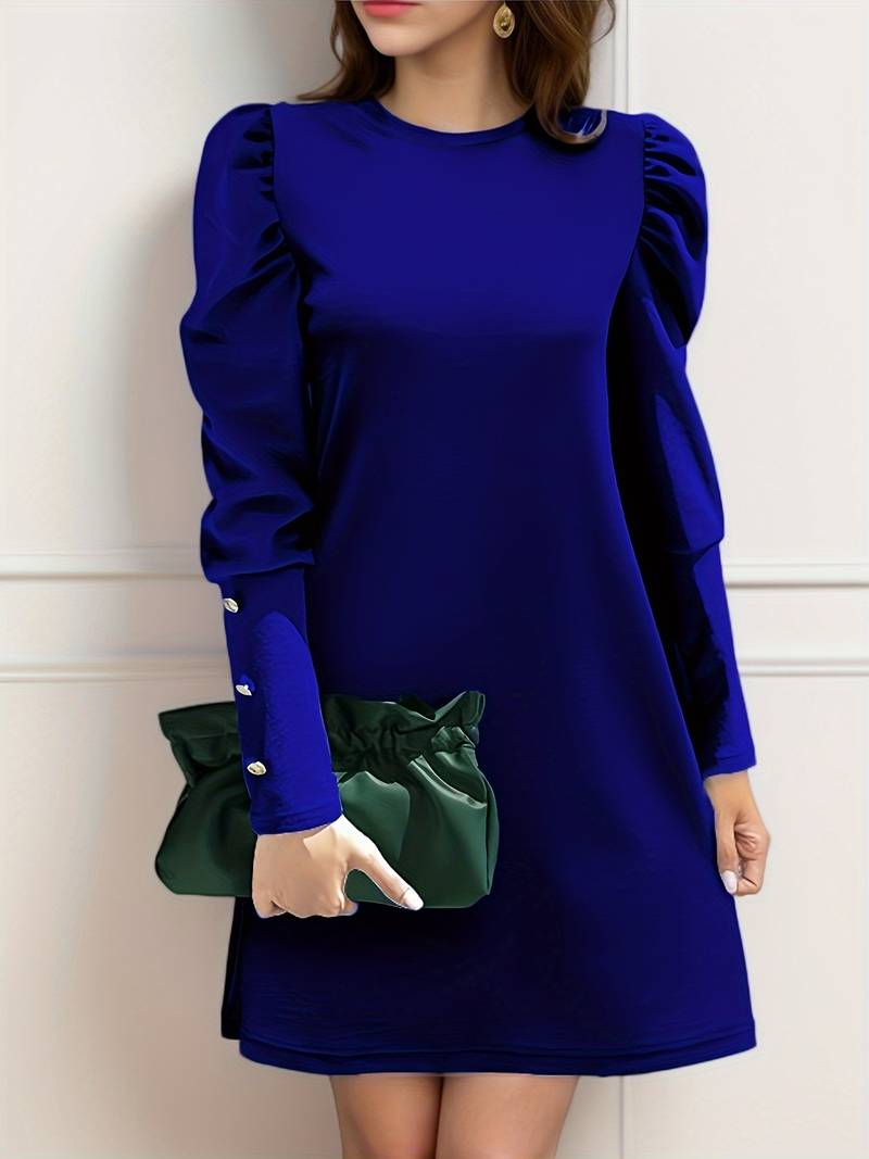 Dress for Women – Elegant A-Line – Puff Sleeves – Knee-Length – Button Details