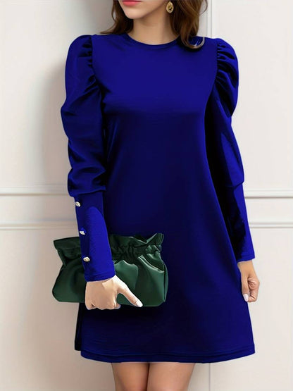 Dress for Women – Elegant A-Line – Puff Sleeves – Knee-Length – Button Details