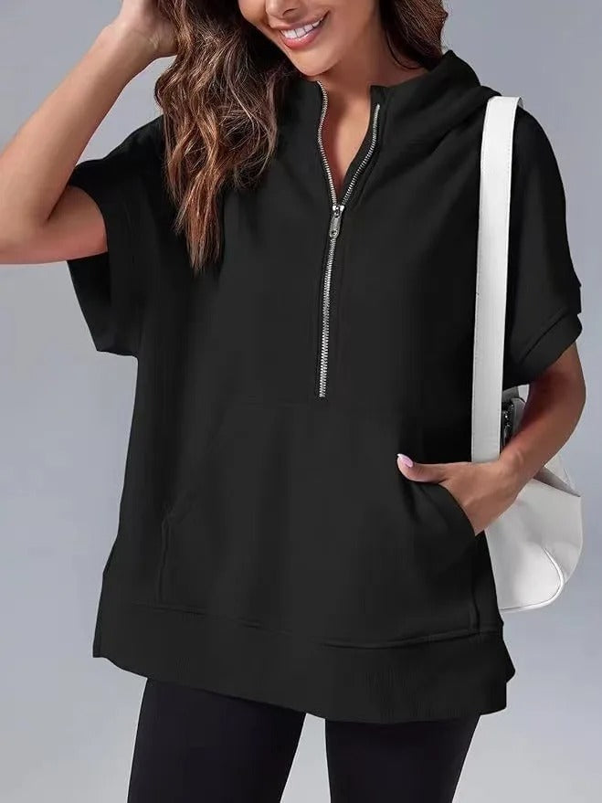 Women's Hoodie with Short Sleeves – Relaxed Fit – Cotton Blend – Zipper Neck – Kangaroo Pocket