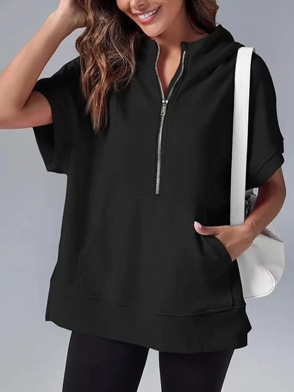 Women's Hoodie with Short Sleeves – Relaxed Fit – Cotton Blend – Zipper Neck – Kangaroo Pocket