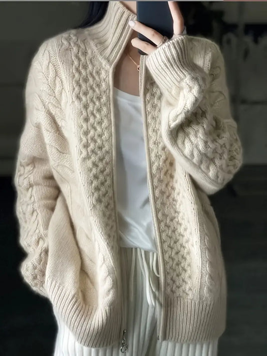 Women's Knitted Cardigan - Zipper Closure - High Collar - Cable Knit - Loose Fit