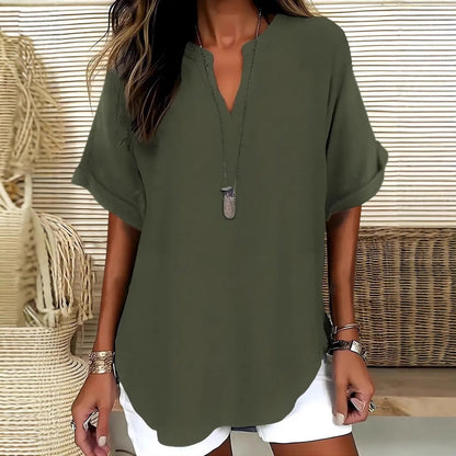 Women's Blouse – Relaxed Fit – V-Neckline – Short Sleeves – Natural Fibers