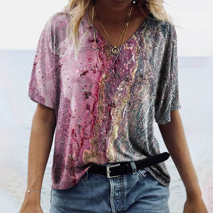 Women's V-Neck T-Shirt – Relaxed Fit – Short Sleeve – Boho Pattern – Breathable Fabric
