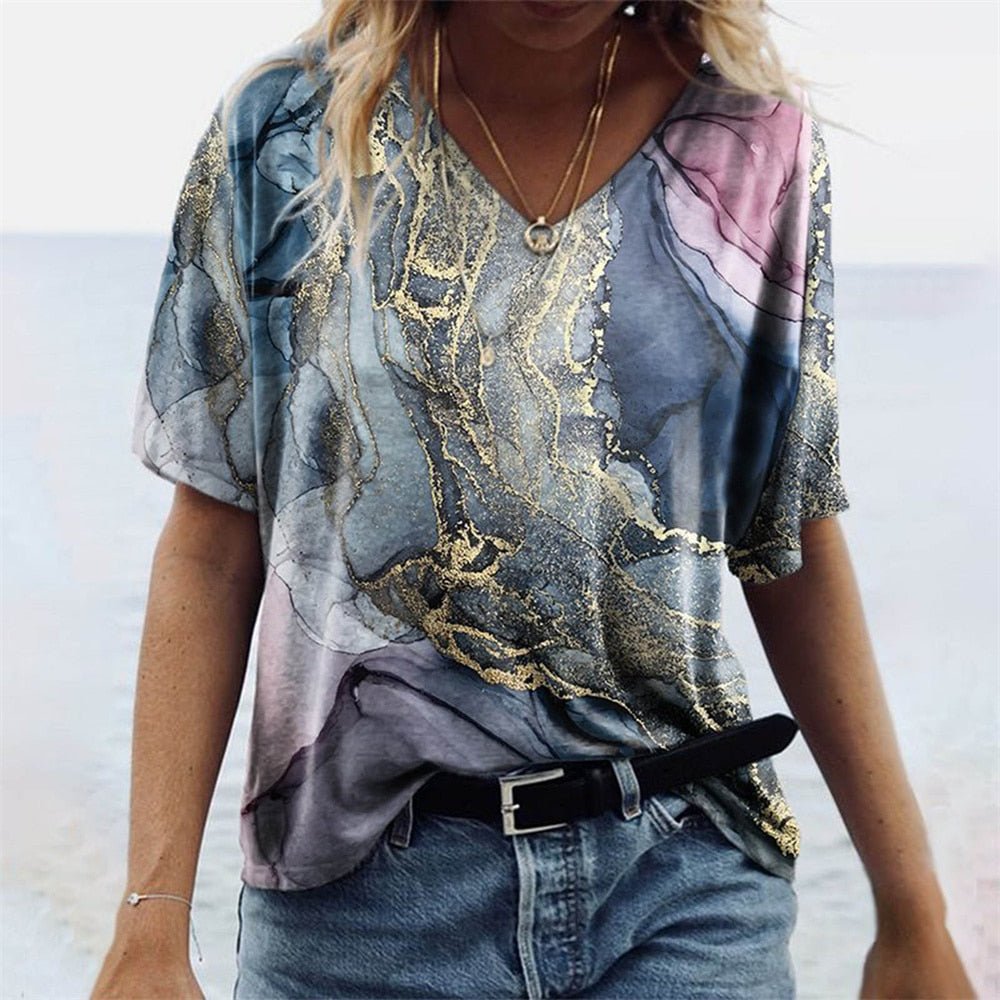 Women's V-Neck T-Shirt – Relaxed Fit – Short Sleeve – Boho Pattern – Breathable Fabric