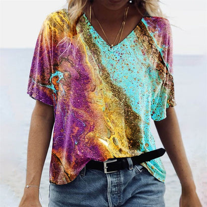 Women's V-Neck T-Shirt – Relaxed Fit – Short Sleeve – Boho Pattern – Breathable Fabric