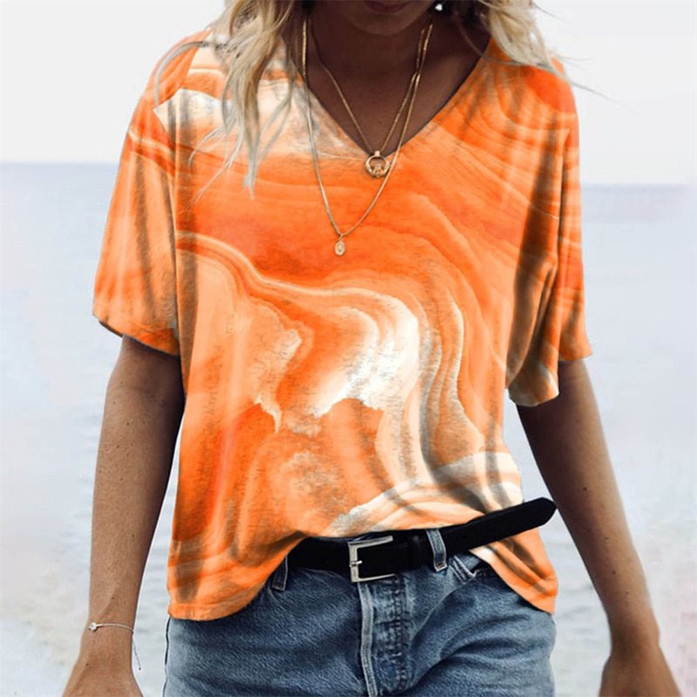 Women's V-Neck T-Shirt – Relaxed Fit – Short Sleeve – Boho Pattern – Breathable Fabric