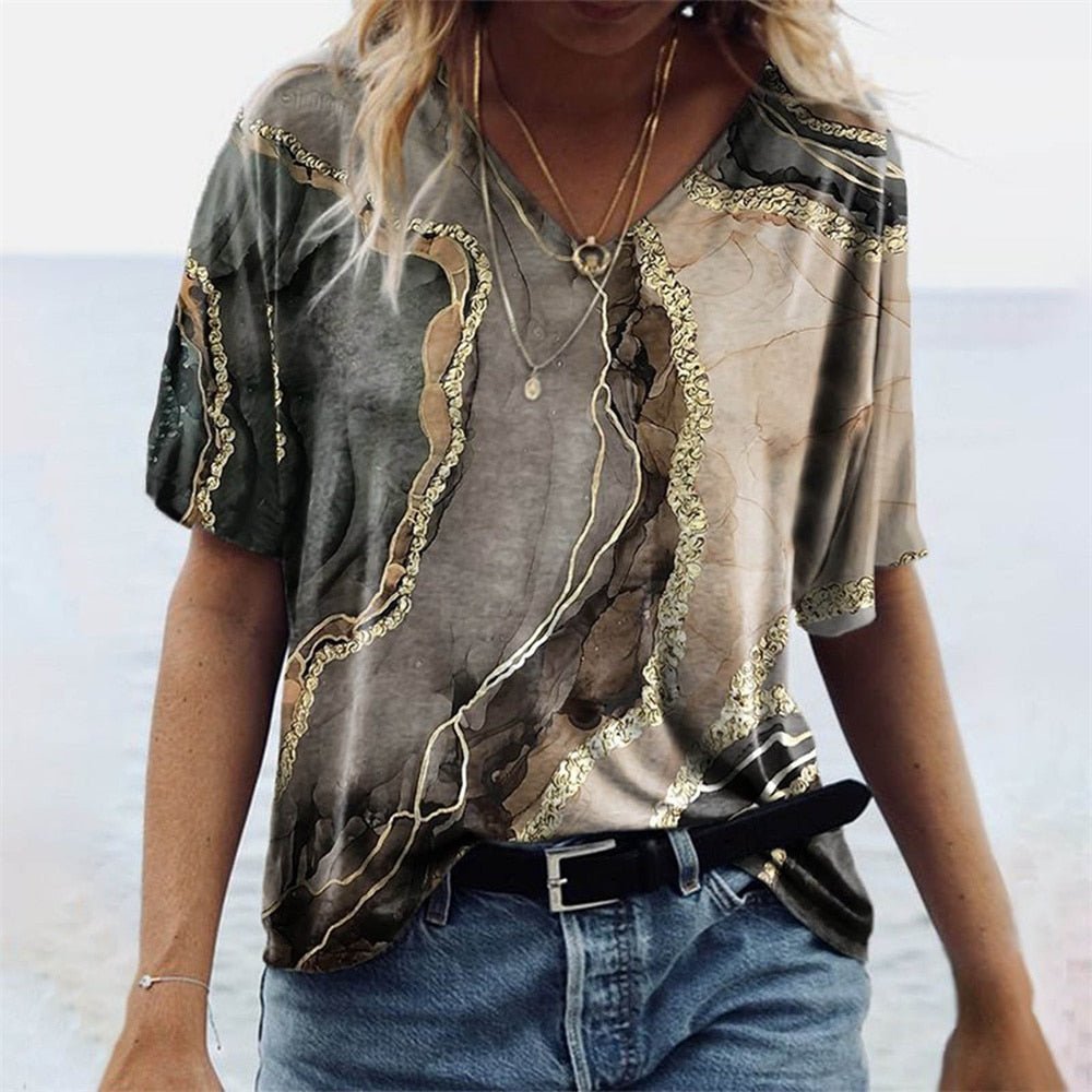 Women's V-Neck T-Shirt – Relaxed Fit – Short Sleeve – Boho Pattern – Breathable Fabric