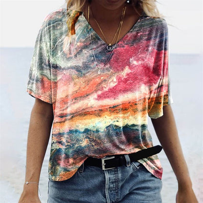 Women's V-Neck T-Shirt – Relaxed Fit – Short Sleeve – Boho Pattern – Breathable Fabric