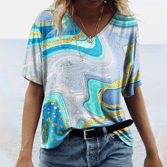 Women's V-Neck T-Shirt – Relaxed Fit – Short Sleeve – Boho Pattern – Breathable Fabric
