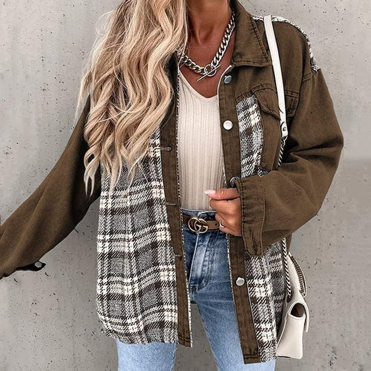 Women's Shirt Jacket – Oversized Fit – Checkered and Solid – Long Sleeves – Buttons