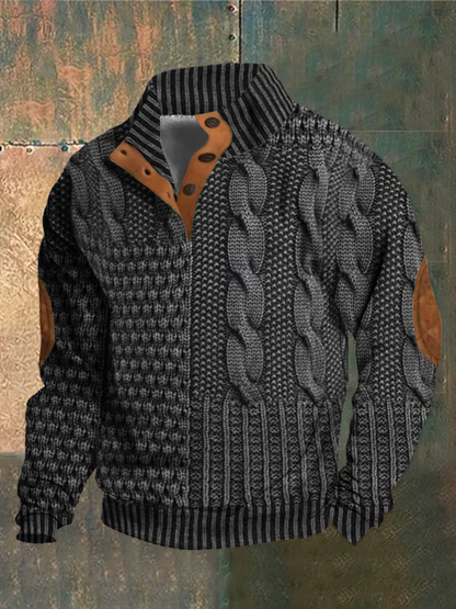 Herregenser - Strikket Patchwork Design - Høy Krage med Knapper - Ribbestrikket Kant