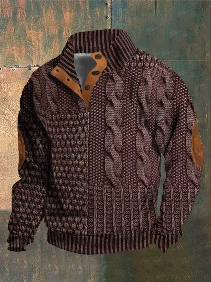 Herregenser - Strikket Patchwork Design - Høy Krage med Knapper - Ribbestrikket Kant