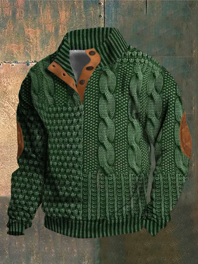 Herregenser - Strikket Patchwork Design - Høy Krage med Knapper - Ribbestrikket Kant