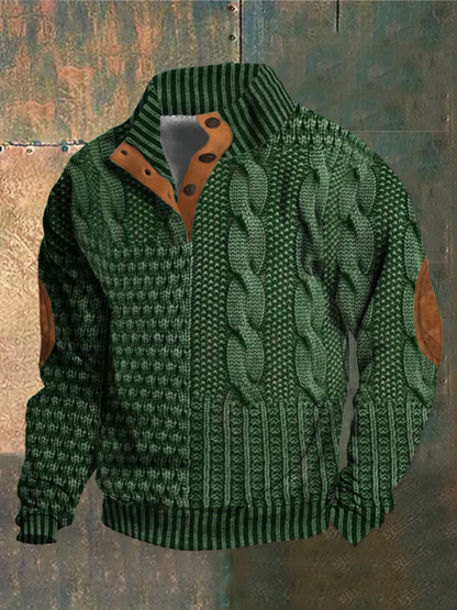 Herregenser - Strikket Patchwork Design - Høy Krage med Knapper - Ribbestrikket Kant