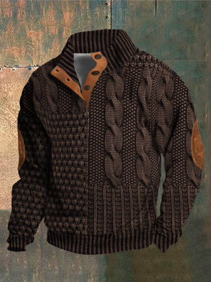 Herregenser - Strikket Patchwork Design - Høy Krage med Knapper - Ribbestrikket Kant