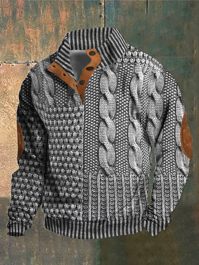 Herregenser - Strikket Patchwork Design - Høy Krage med Knapper - Ribbestrikket Kant