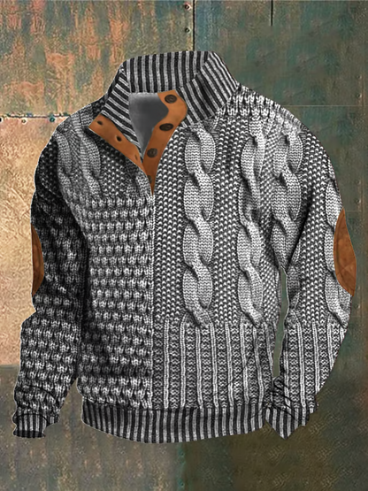 Herregenser - Strikket Patchwork Design - Høy Krage med Knapper - Ribbestrikket Kant