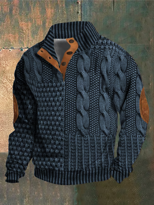 Herregenser - Strikket Patchwork Design - Høy Krage med Knapper - Ribbestrikket Kant