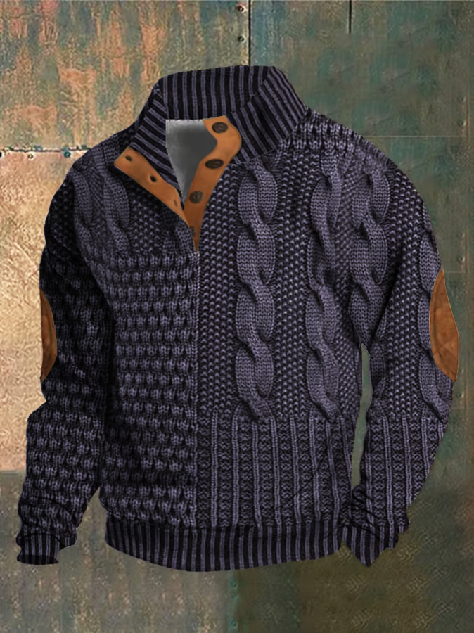 Herregenser - Strikket Patchwork Design - Høy Krage med Knapper - Ribbestrikket Kant