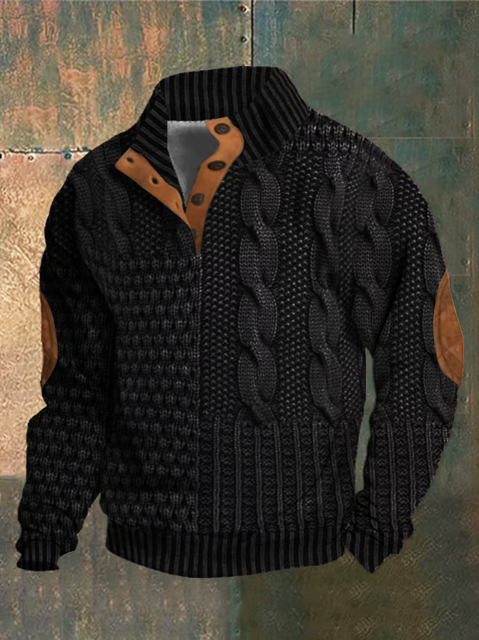 Herregenser - Strikket Patchwork Design - Høy Krage med Knapper - Ribbestrikket Kant
