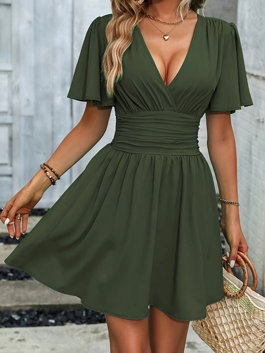 Dress for Women – Fit-and-flare Cut – Deep V-neck – Short Flared Sleeve – Breathable Fabric