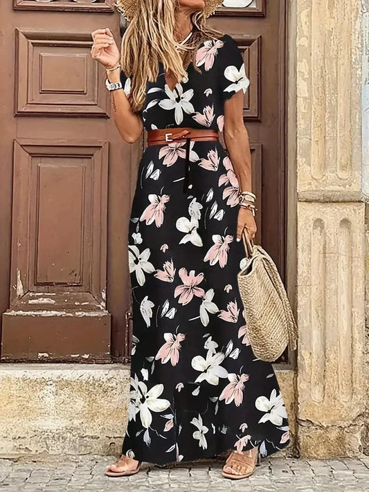 Women's Maxi Dress - Floral Pattern - V-Neck - Short-Sleeved - Belt at Waist