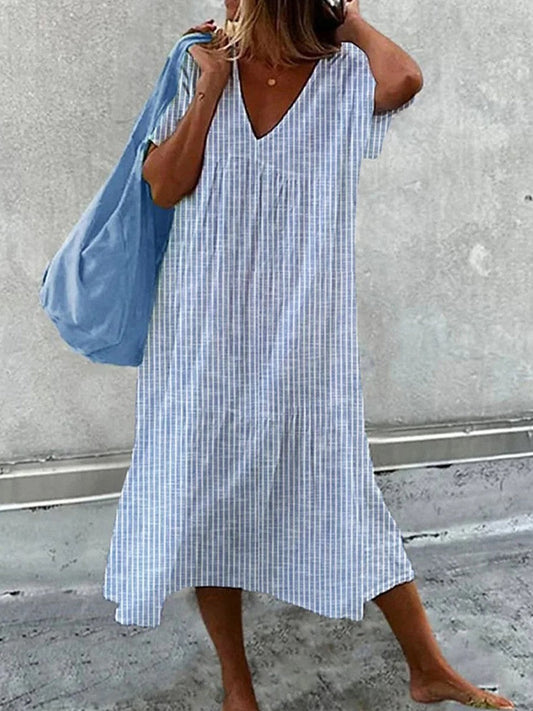 Women's Dress Midi – Relaxed Fit – Striped – V-Neck – Short Sleeve – Breathable Fabric
