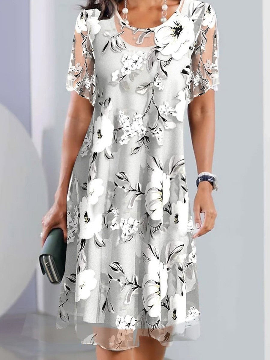 Dress for Women – Midi Length – Floral Print – Short Sleeve – Airy Relaxed Fit