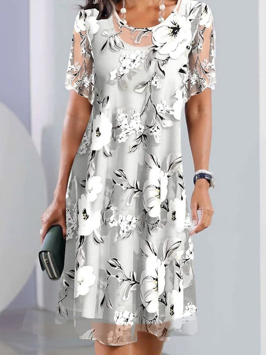 Dress for Women – Midi Length – Floral Print – Short Sleeve – Airy Relaxed Fit
