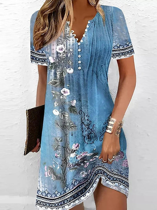 Dress Woman – Loose Fit – Floral Print – V-neck with Buttons – Breathable Fabric