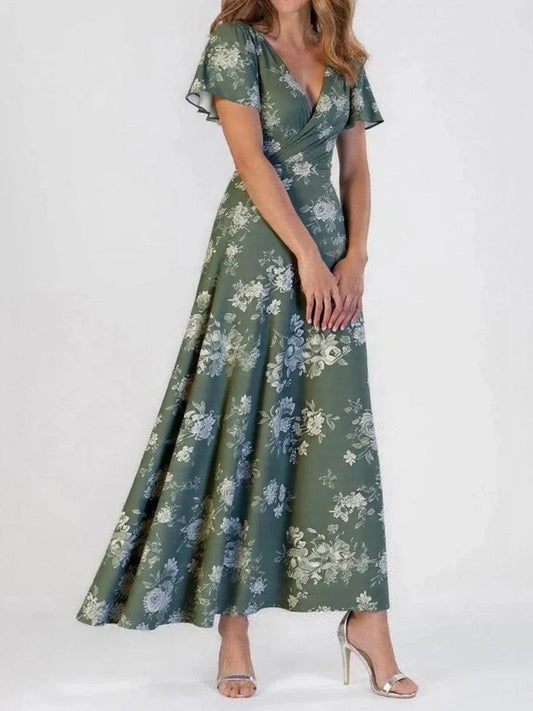 Women's Maxi Dress – A-line Fit – V-neck – Short Sleeves – Luxurious Fabric