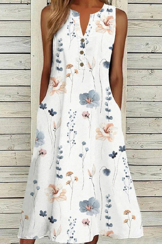 Dress for Women – Sleeveless Midi Dress – A-line Fit – V-neck with Buttons – Floral Print – Breathable Fabric