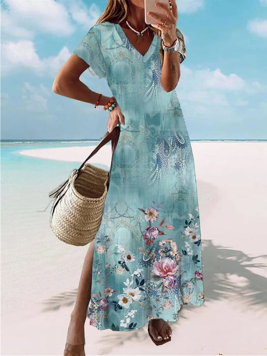 Dress woman maxi – relaxed fit – floral pattern – V-neck – short sleeve – breathable fabric
