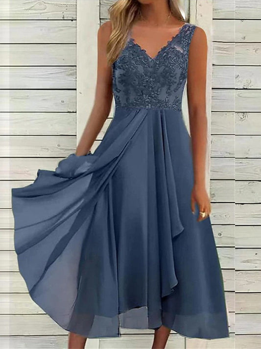 Dress for Women – Sleeveless Midi Dress – V-Neck – Lace Top – A-Line in Luxurious Fabric
