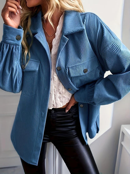 Women's Jacket – Relaxed Fit – Ribbed Texture – Shawl Collar – Button Front – Chest Pockets