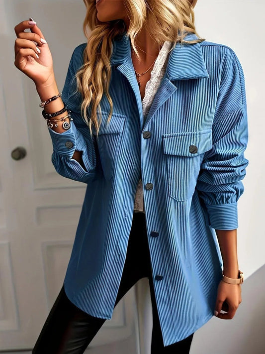 Women's Jacket – Relaxed Fit – Ribbed Texture – Shawl Collar – Button Front – Chest Pockets