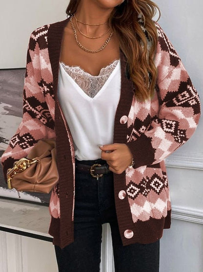 Women's Coat in Soft Knit – Oversized Fit – Ethnic Pattern – Knee-Length with Buttons