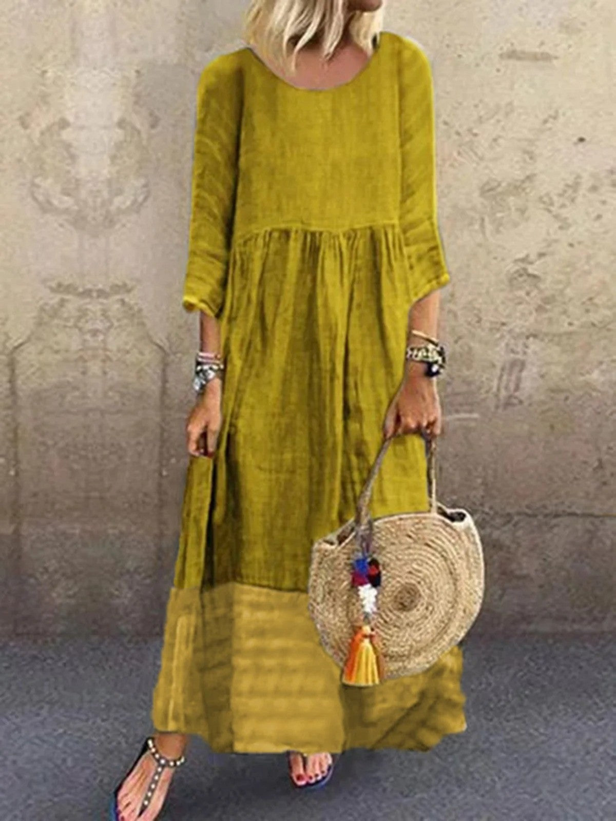 Dress for Women – Maxi Length – Relaxed Fit – 3/4 Sleeve – Natural Fibers