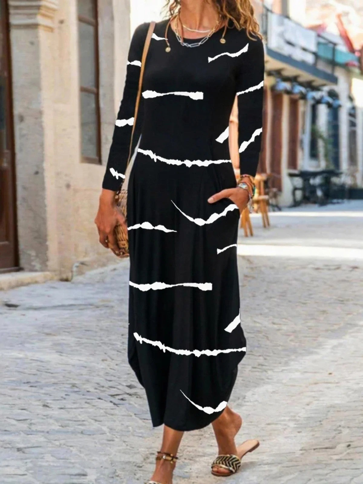Women's Maxi Dress – H-line Fit – Soft Breathable Blend – Long Sleeves – Crew Neck
