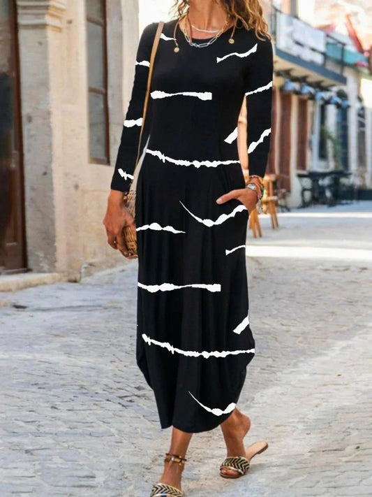 Women's Maxi Dress – H-line Fit – Soft Breathable Blend – Long Sleeves – Crew Neck