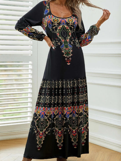 Women's Maxi Dress – Vintage Pattern – Long Sleeved – Relaxed Fit – Breathable Fabric