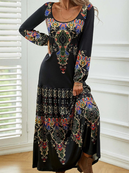 Women's Maxi Dress – Vintage Pattern – Long Sleeved – Relaxed Fit – Breathable Fabric