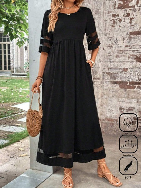 Women's Maxi Dress – Relaxed Fit – Airy Fabric – Mesh Details – Short Sleeve