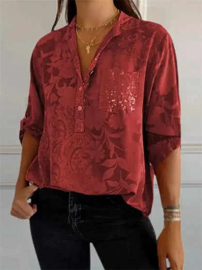 Women's Tunic Blouse – Relaxed Fit – Luxurious Fabric – Floral Pattern – Long Sleeves